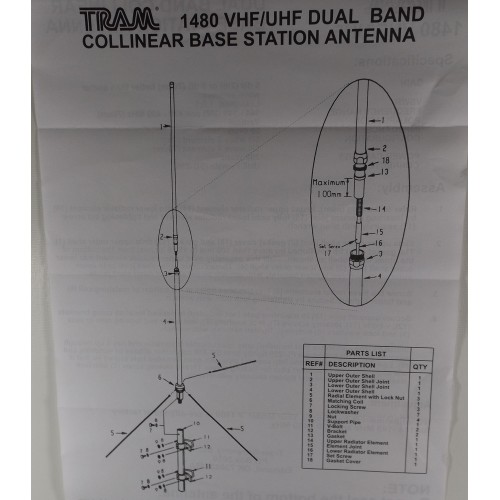 1480 - Antenne base à doubles bandes verticales, 144 à 148 Mhz, 6 db & 440 à 450 Mhz, 8 bd 